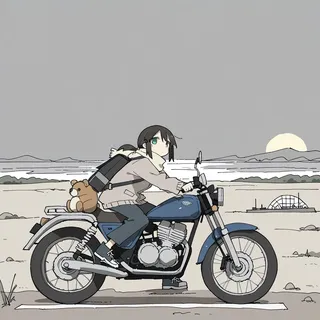 Anime-style illustration of a young woman riding a blue motorcycle across a flat, dry desert with a bear plush attached to her backpack during sunset.