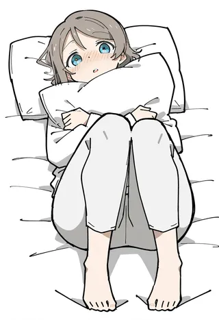 Anime illustration of Watanabe You reclining on a bed hugging a white pillow, dressed in white turtleneck shirt and pants, barefoot, with blue eyes and a blush expression.