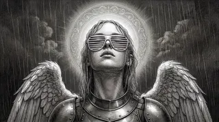 Engraving-style black and white detailed artwork of an angel wearing shutter shades and armor, with a radiant halo and feathery wings under rain.
