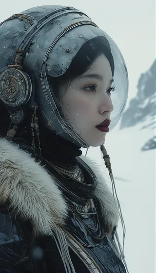 Portrait of a young woman wearing a sleek metallic astronaut helmet with a transparent visor and fur-trimmed jacket, set against a snowy mountainous background.