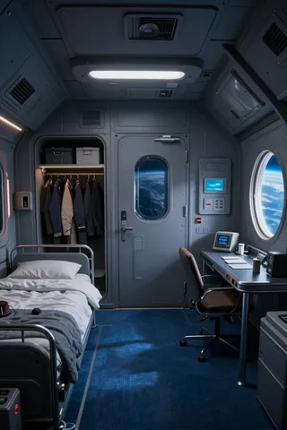 Interior bedroom of a spaceship featuring a bed, closet door, metal desk with office chair, oval window showing a blue planet, and deep blue carpet.