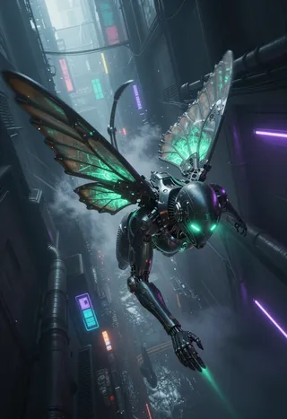 Biomechanical butterfly warrior with glowing techno-organic wings and sleek black armor diving through a neon-lit cyberpunk alley.