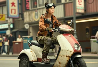Young East Asian woman wearing goggles and a brown jacket sits on a rusted, weathered white and red hoverbike in a neon-lit urban street with a blurred city background.