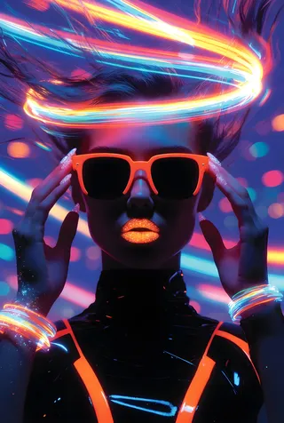 A futuristic woman with heavy shadows obscuring her face, wearing orange sunglasses and neon glowing makeup, surrounded by vibrant swirling neon light trails.