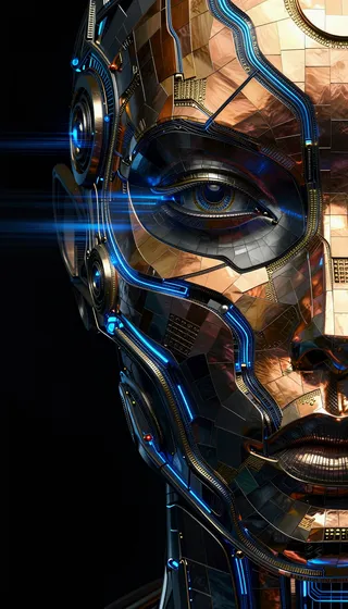 Close-up biomechanical cyberpunk face constructed from polished copper alloy mosaic tiles featuring electric blue circuitry and golden seams under spotlight lighting.