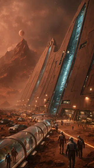 A futuristic sci-fi cityscape on a desert planet with reddish-orange sky and distant moon. Massive angular skyscrapers feature glowing blue energy conduits and transparent tube walkways. Human figures in space suits walk toward a large building complex through a vast plaza filled with vehicles, under atmospheric haze and dramatic lighting.