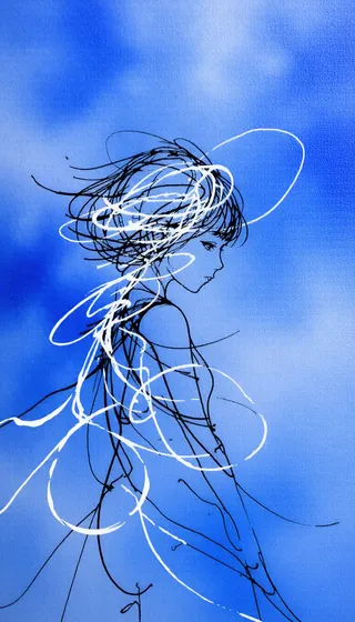 Abstract painting featuring a girl outlined with intricate black and white chaotic lines, set against a dreamy blue out-of-focus background.