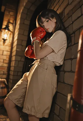 Young woman in a medieval-style cozy outdoor yard at night, wearing red boxing gloves and leaning against a brick wall lit by a wall-mounted oil lamp.