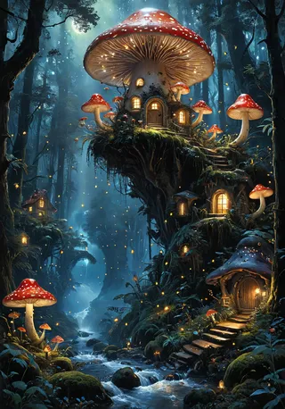 A glowing fairy house shaped like a giant mushroom with smaller mushrooms around it, nestled in a magical forest illuminated by fireflies and enchanting, soft lighting.