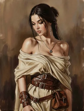 Highly detailed portrait of a young woman with dark hair in a high bun wearing an off-shoulder beige robe cinched with layered brown leather belts and silver jewelry against a warm earthy toned painterly background.