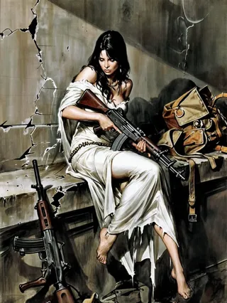 A striking female figure dressed in tattered white fabric sits barefoot on a cracked concrete ledge in a grimy, post-apocalyptic ruin, holding an assault rifle with military gear scattered nearby.