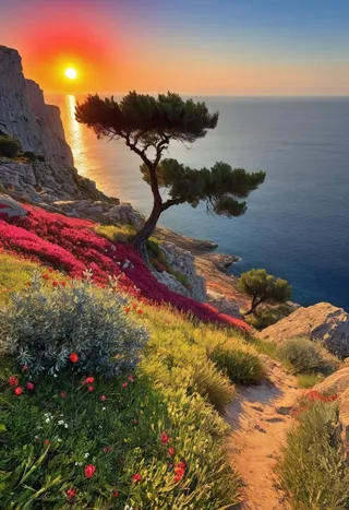 Mediterranean coastal landscape showing rocky cliffs and boulders with a twisted olive tree in the foreground, colorful flowers covering the slopes, and a crimson sun setting over the sea horizon casting long shadows.