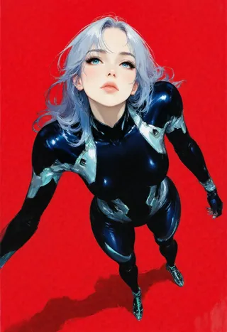 Female anime character with silver hair in futuristic black and silver bodysuit standing against vivid red background viewed from a dynamic top-down perspective.