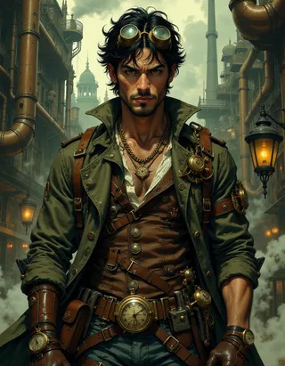 Steampunk vintage male adventurer wearing leather and clockwork gear with goggles on his head in an industrial urban cityscape.