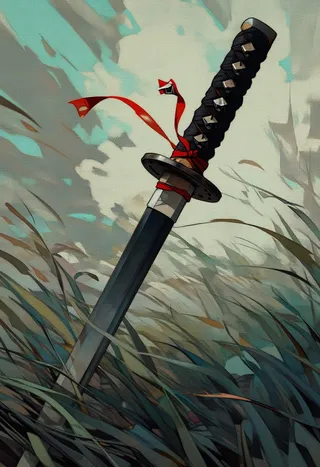 Close-up digital illustration of a katana lodged in tall grass, featuring a black and white wrapped hilt with a vibrant red cord and small silver bells fluttering in the wind, rendered in a painterly Japanese traditional art style with dramatic lighting and muted background colors.