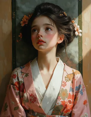 Oil painting of a serene teen Geisha lying on a tatami mat, dressed in an elegant kimono with intricate floral patterns, illuminated by soft Rembrandt lighting.