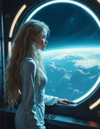 Ultra-realistic portrait of a young girl with long blond hair and blue eyes inside a futuristic space station, standing by a circular window looking at Earth with ambient control panel lighting.