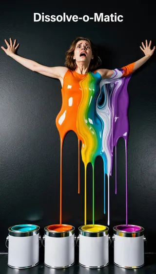 Terrified female astronaut melting into colorful paint drips flowing into paint cans against a matte black background with 'Dissolve-o-Matic' text above.
