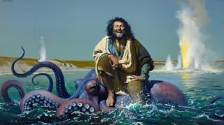 Laughing mature dark-haired male druid riding a giant octopus in a sea with illuminated geysers in the background under a clear blue sky.