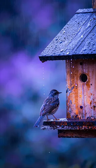 A bird with wet, glossy feathers perched on a wooden birdhouse covered with raindrops, set against a misty background with cool blue and purple tones.