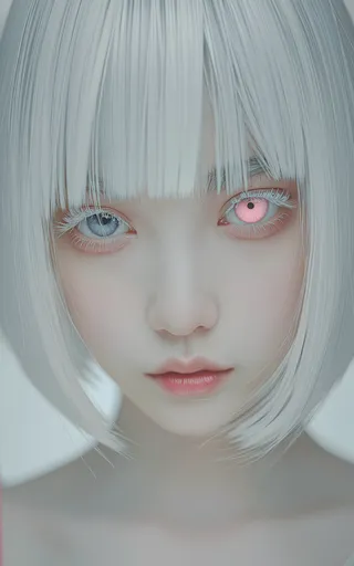 Close-up portrait of an albino woman with striking heterochromia, one light blue eye and one pink eye, white bob haircut, and porcelain skin, set against a pure white background.