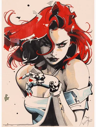 Illustrated portrait of a cyberpunk woman with vibrant flowing red hair, a robotic hand with red nails, and bold black linework on a muted beige background.