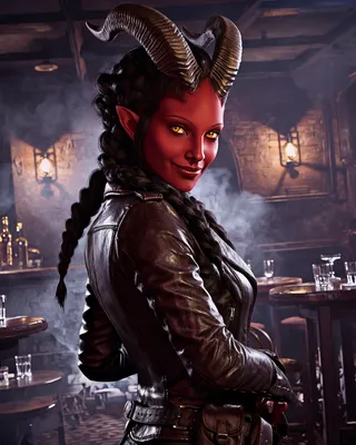 Formidable female Tiefling with ram-like horns, yellow-orange slit eyes and braided hair wearing a dark brown leather jacket in a dimly lit smoky jazz club with warm lantern light and brick walls.