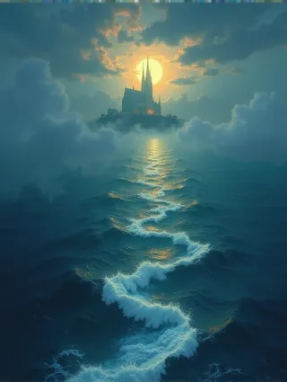 Majestic gothic cathedral on an island illuminated by bright full moonlight, surrounded by deep blue ocean waves under a starry night sky with dramatic chiaroscuro lighting.