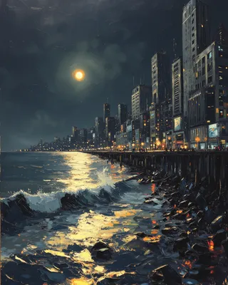 Expressionist painting of a dark dystopic cityscape along a shoreline with ocean waves illuminated by golden moonlight, highlighting fog and tall buildings.