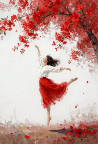 Impressionistic painting depicting a young woman in a flowing crimson skirt and white blouse leaping joyfully beneath a vibrant red flower canopy on a textured white background.