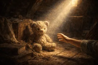 A worn teddy bear sits amidst old relics in a dim attic, illuminated by a beam of sunlight highlighting dust particles, with a child's hand reaching toward it.