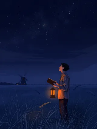 Solitary figure holding a glowing lantern and a book in a blue field, gazing at a starry night sky with a distant windmill and house illuminated under the dark sky.