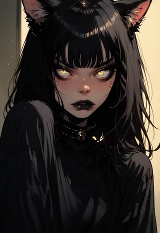 Portrait of a catgirl with striking yellow eyes, black hair, and freckles, wearing a dark outfit with a collar featuring a bell.
