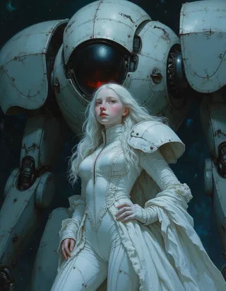 Detailed oil painting of an albino young teen female cyberpunk pilot with long white hair and pale skin, standing confidently in front of a large, worn mecha inside a dark spaceship.