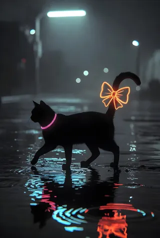 Silhouette of a black cat walking through reflective puddles on a rainy street at night, adorned with an orange neon bow on its tail and a neon pink collar.
