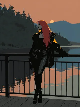 A striking female figure with long vibrant red hair stands on a wooden balcony overlooking a serene lake at sunset, wearing fitted black leather pants and a belted jacket.