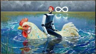 Surreal oil painting of a red-haired shocked robot riding a giant chicken through a wetland under a stormy sky with a white infinity symbol in the distance