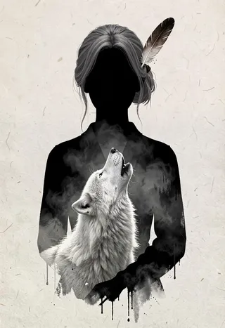 Black silhouette of a young woman with grey hair and an eagle feather in her hair, with a photorealistic white wolf howling integrated inside through double exposure technique.