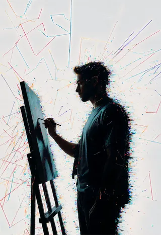 A silhouette of an abstract painter standing in front of an easel, surrounded by thin, colorful geometric lines on a metallic white background