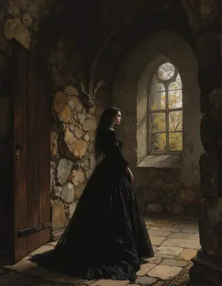 A gothic princess with pale skin and long black hair wearing a flowing black dress stands inside a medieval stone church, illuminated by warm light from a large arched window.