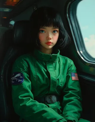 A detailed oil painting of a teen girl with black bob cut hair and blue eyes wearing a green flight suit, seated by a spaceship window with Rembrandt lighting.