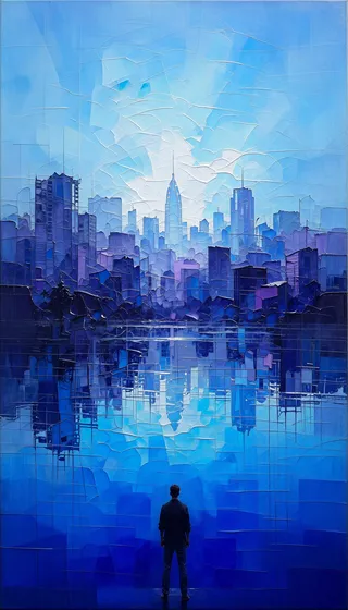 A man stands facing a blue cityscape with its symmetrical reflection on water below, painted in abstract expressionism style with visible brushstrokes and textured layers.