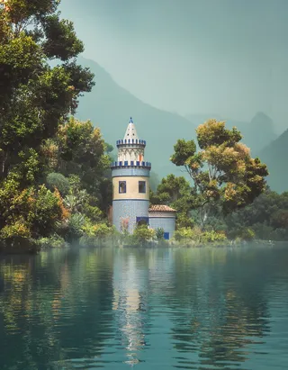 A wizard's tower made of Moroccan tiles stands amidst lush trees by a calm lake, reflecting softly in the water with misty mountains in the background.