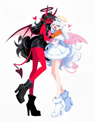 Two girls, one demon with red skin and black hair and one angel with white hair, both with wings, horns, and halos, standing closely together with hearts around them.