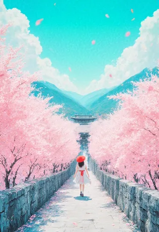A girl wearing a red straw hat and white dress walks along a narrow stone path surrounded by blooming pink sakura trees leading to a distant mountain temple under a bright cyan sky with clouds and floating mountains in the background.