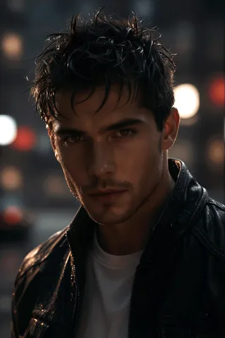 Close-up realistic portrait of a handsome athletic man wearing a black leather jacket over a white t-shirt, with wet tousled black hair, intense dark brown eyes, subtle stubble, illuminated by dramatic low-key lighting against a blurred urban night background featuring neon lights and wet pavement reflections.