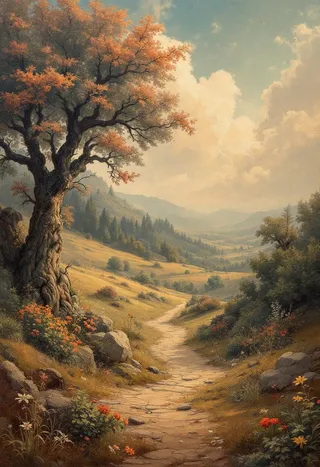 Vintage-style oil painting on canvas depicting an autumn landscape with a winding path, detailed old tree, colorful flowers, and sepia tones.