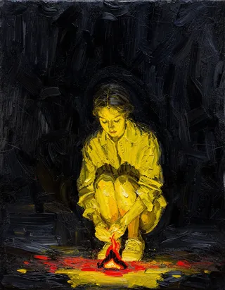 Oil painting of a young woman crouching by a flame, rendered in thick impasto with dark yellow paint on a black textured background.