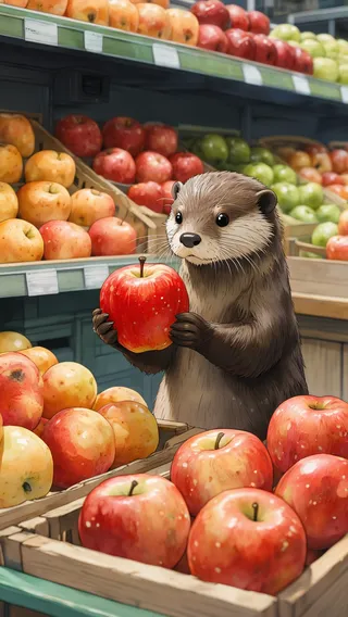 A tiny otter standing in front of a supermarket fruit display holding a bright red apple with a serious and thoughtful expression, surrounded by neatly arranged apples under bright store lighting.