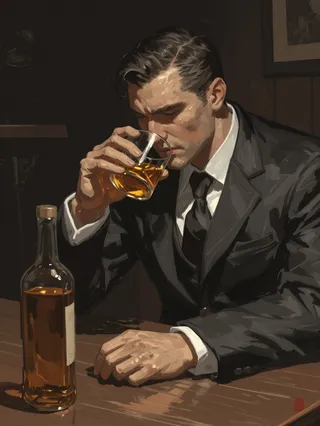 Man with dark hair and serious expression drinking amber whiskey at a dimly lit wooden bar, wearing a black suit and tie, with a partially filled whiskey bottle on the table.